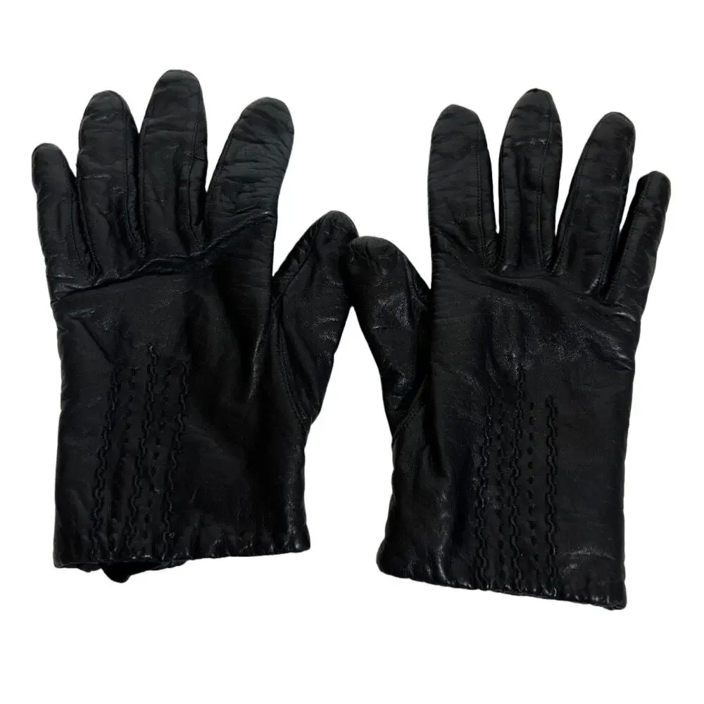 Van Raalte Black Leather Gloves 1980s Vintage Medium Knit Lining Vintage Retro